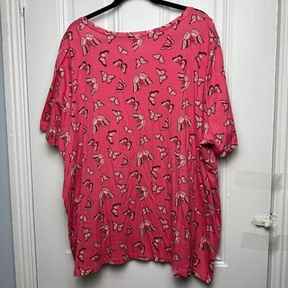 Butterfly Blouse Womens 2X Pink Pullover Short Sleeve Scoop Neck Top Stretch - Picture 7 of 8